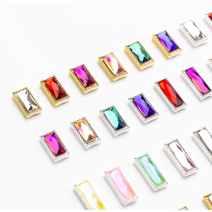 Rectangle nail art rhinestones with gold and silver metal borders in various colors