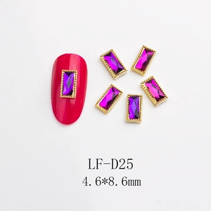 Detailed view of rectangular purple nail rhinestones with gold metal edges, size 4.6x8.6mm
