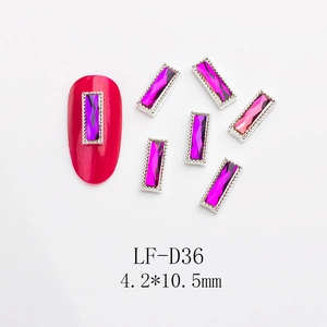Macro detail of 4.2x10.5mm silver metal-edged purple zircon rectangle nail art charm