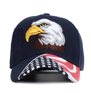Navy blue baseball cap with eagle embroidery and USA flag stars and stripes on the brim