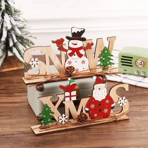 Wooden SNOW and XMAS Christmas table decorations with Santa and snowman figurines