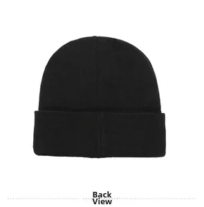 Back view of black winter knitted beanie showing fine texture and wide fold-over cuff