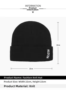 Detailed view of black knitted hat dimensions with width 22cm and height 22cm labels