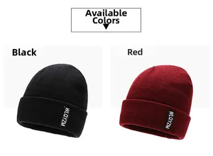 Detailed view of black and wine red ribbed knit beanies with fleece lining for winter