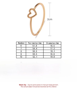 Detailed size chart with inner diameter and circumference measurements for heart rings