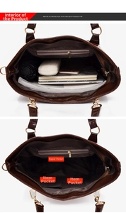 Detail view of large brown embossed tote bag interior showing multi-pocket compartments