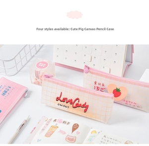 Close-up of pink mesh pencil cases with Love Candy prints and zipper closure