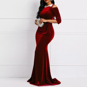 Elegant red velvet off-shoulder mermaid dress with luxury embroidery and floor-length hem