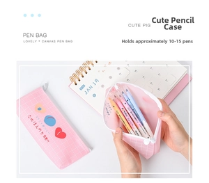Pink checkered mesh pencil bag with cute cartoon print being filled with markers
