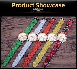 Detail of colorful Christmas snowman watches with glitter and plaid leather straps