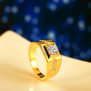 Men's gold plated ring with square cut white gemstone and side diamonds inlay