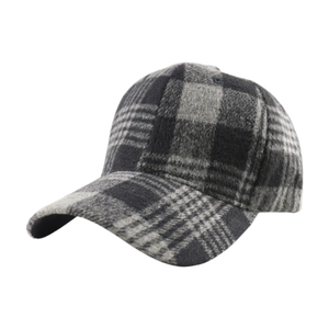 Classic black and grey plaid baseball cap in thick wool fabric, 45-degree angle view