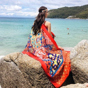 Women Bohemian Ethnic Print Chiffon Scarf Large Shawl Sun Protection Beach Cover Up With Tassels