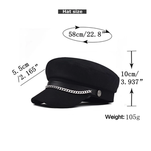 Detailed size specifications for the black wool fiddler cap with silver metal chain