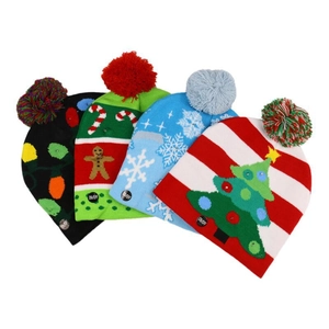 Detailed view of LED knitted Christmas hats featuring ON/OFF power button and festive patterns