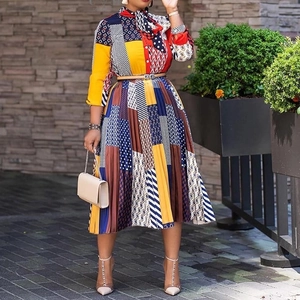 2025 African print midi dress with bow neck and pleated skirt in geometric pattern