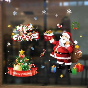 Festive Christmas static window stickers set with Santa Claus and decorated trees