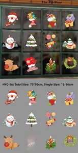Detailed Christmas window decals featuring Santa, snowmen, and reindeer in a tiled layout
