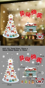 Christmas window decals dimensions showing Santa, penguin, and snowy house stickers