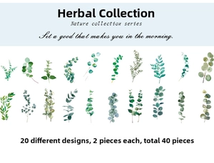 Macro view of 40-piece herbal plant PET stickers showing 20 unique botanical designs