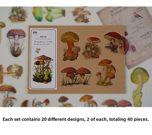 Macro shot of 40 pieces botanical mushroom stickers for DIY creative scrapbooking