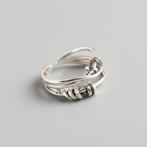 Vintage S925 sterling silver multilayer crossover ring with movable small silver beads
