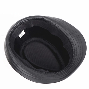 Classic black PU leather fedora hat with premium interior lining and size 56 label