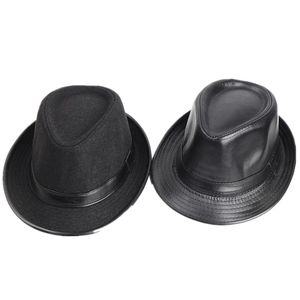 Detailed comparison of matte wool felt and shiny PU leather black fedora jazz hats