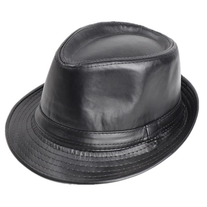 Classic black PU leather Fedora hat with stitched brim and vintage gentleman style