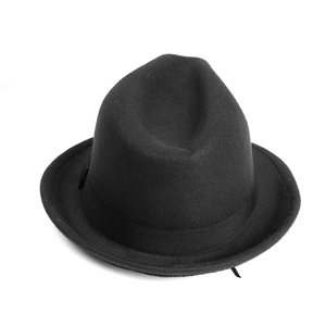 Detail of classic black wool fedora with grosgrain ribbon and center dent crown