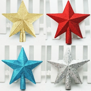 Glittery 5-point star toppers for Christmas trees in gold, red, blue and silver colors