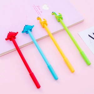 Set of four cute cartoon dinosaur gel pens in red blue yellow and green colors