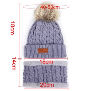 Purple winter knit hat and scarf set for kids with measurements and brown pom-poms