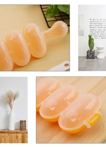 Four-panel view of yellow and clear plastic spherical rice ball and meatball mold