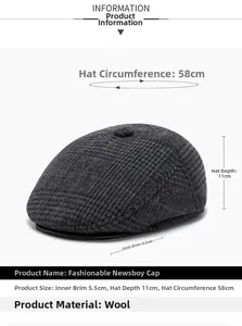 Spécifications de taille et détails du matériau pour la casquette en laine grise