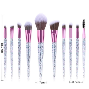 Detail showing 18.7cm length glitter makeup brushes with soft pink metallic ferrules