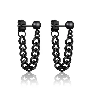 Matte black stainless steel ball stud earrings with U-shaped chain design on white background