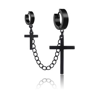 Black stainless steel cross stud earrings with chain connector on white background