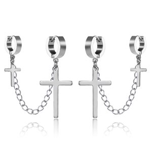 Silver stainless steel cross chain earrings with hoop design in punk gothic style