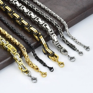 Detailed macro view of various widths of stainless steel Byzantine chain links