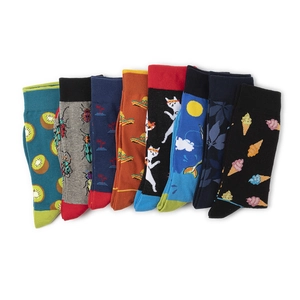 Detailed collection of mid-calf socks featuring colorful fruit and animal patterns