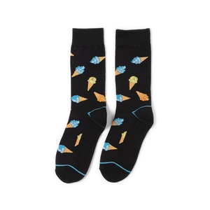 Detailed flat lay of black crew socks featuring colorful ice cream cone patterns
