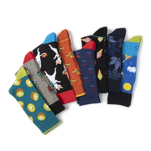 Colorful patterned cotton crew socks featuring kiwi cat beetle and palm tree prints