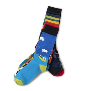 Close-up of stacked cotton crew socks with vibrant fruit and nature patterns