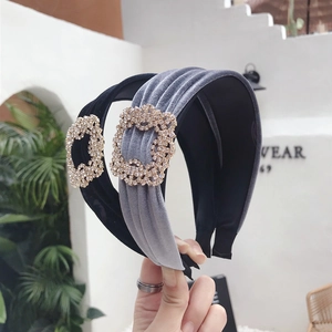 French velvet headband set in black and grey with sparkling rhinestone buckle decoration