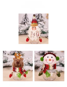 Three Christmas candy jars featuring Santa, reindeer, and snowman plush toppers