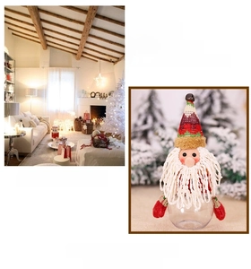 Detail of Christmas Santa candy jar with striped knit hat and white curly beard decor