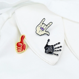 Cartoon rock gesture and slogan enamel brooch pins set on white suit lapel decor