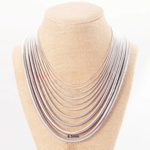 Stainless steel snake chains displayed in multiple sizes from 0.9mm to 6.5mm thickness