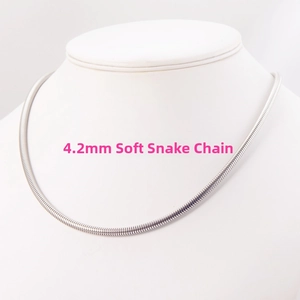 Detail of 4.2mm silver stainless steel snake chain showing textured weave on a neck bust